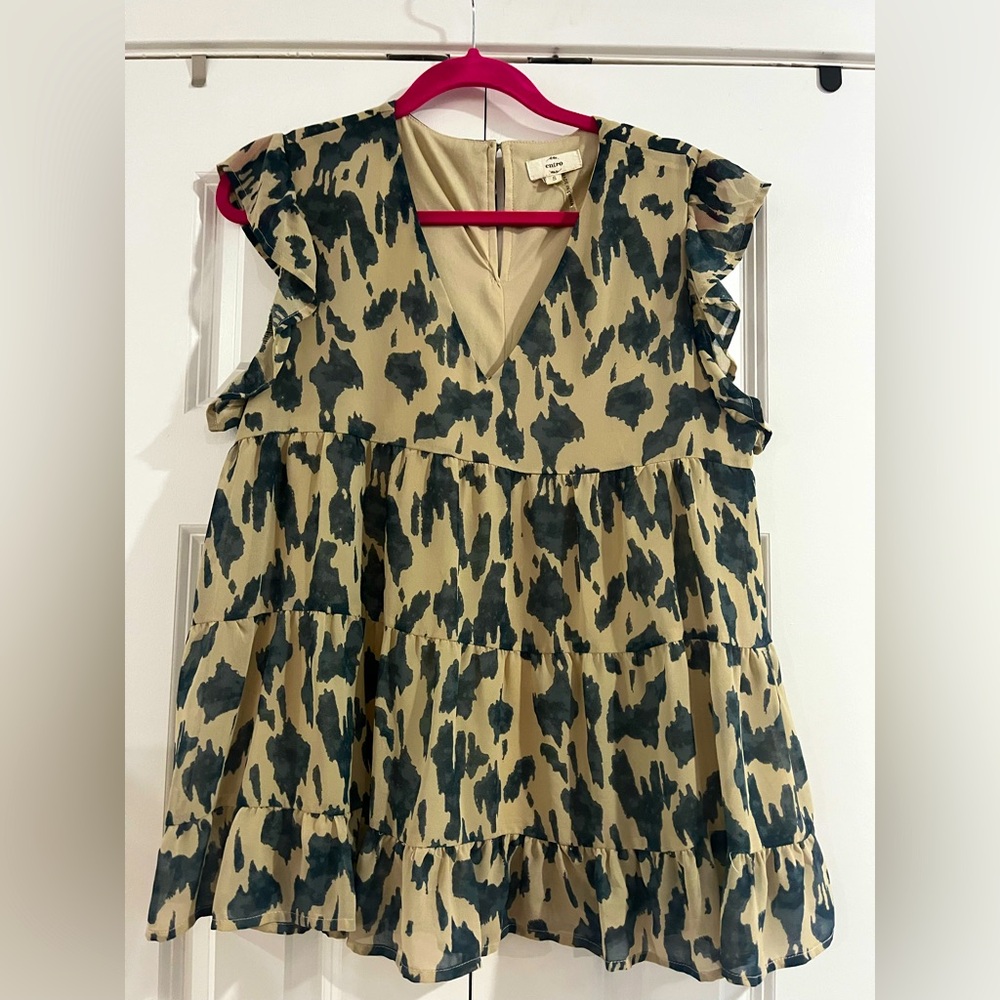 Entro Tiered Animal Print Dress in Olive and Black